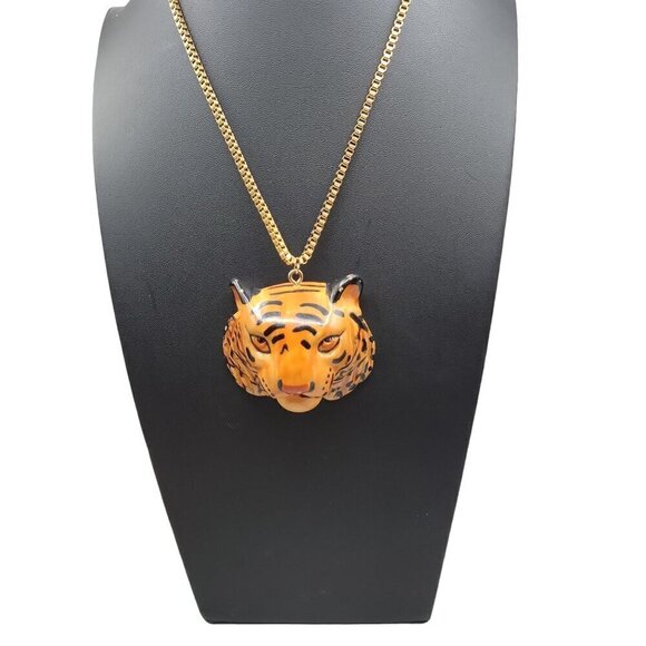 Tiger Head Pendant Necklace 22" Gold Plated Box Chain Handmade Large Statement - Picture 3 of 16